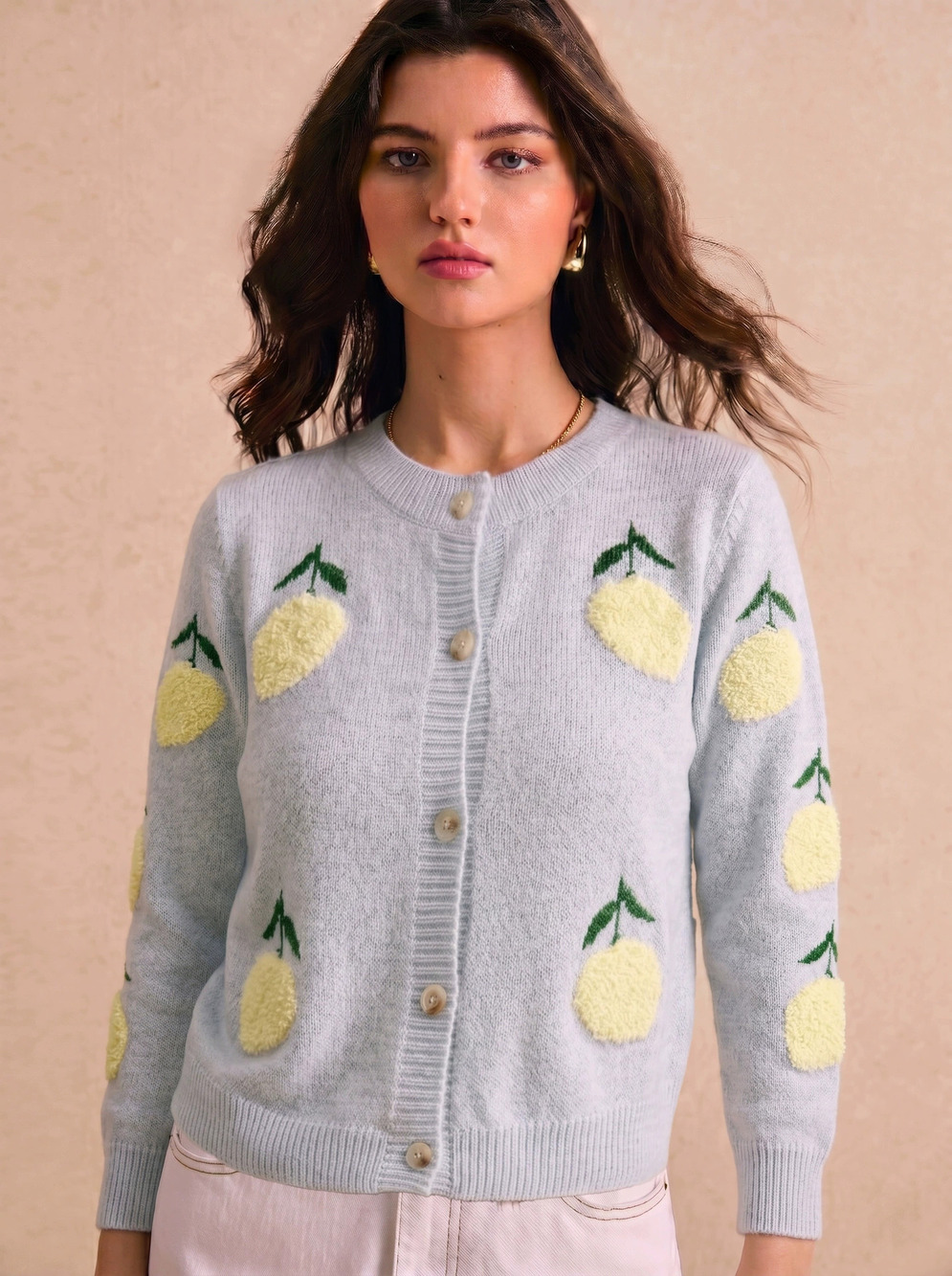 Zara Fall Winter Lemon Print Long Sleeve Round Neck Cardigan Sweater